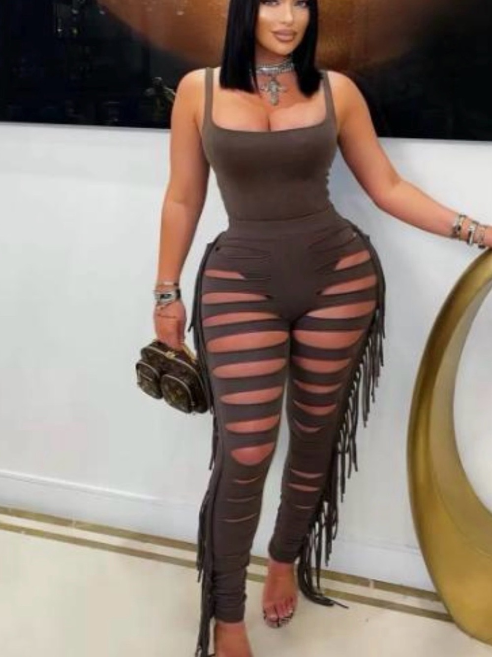 Women’s Brown Cutout Fringe Jumpsuit